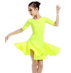 Neon green yellow hot pink fuchsia short sleeves spandex round neck girls children performance competition latin ballroom dance dresses for kids